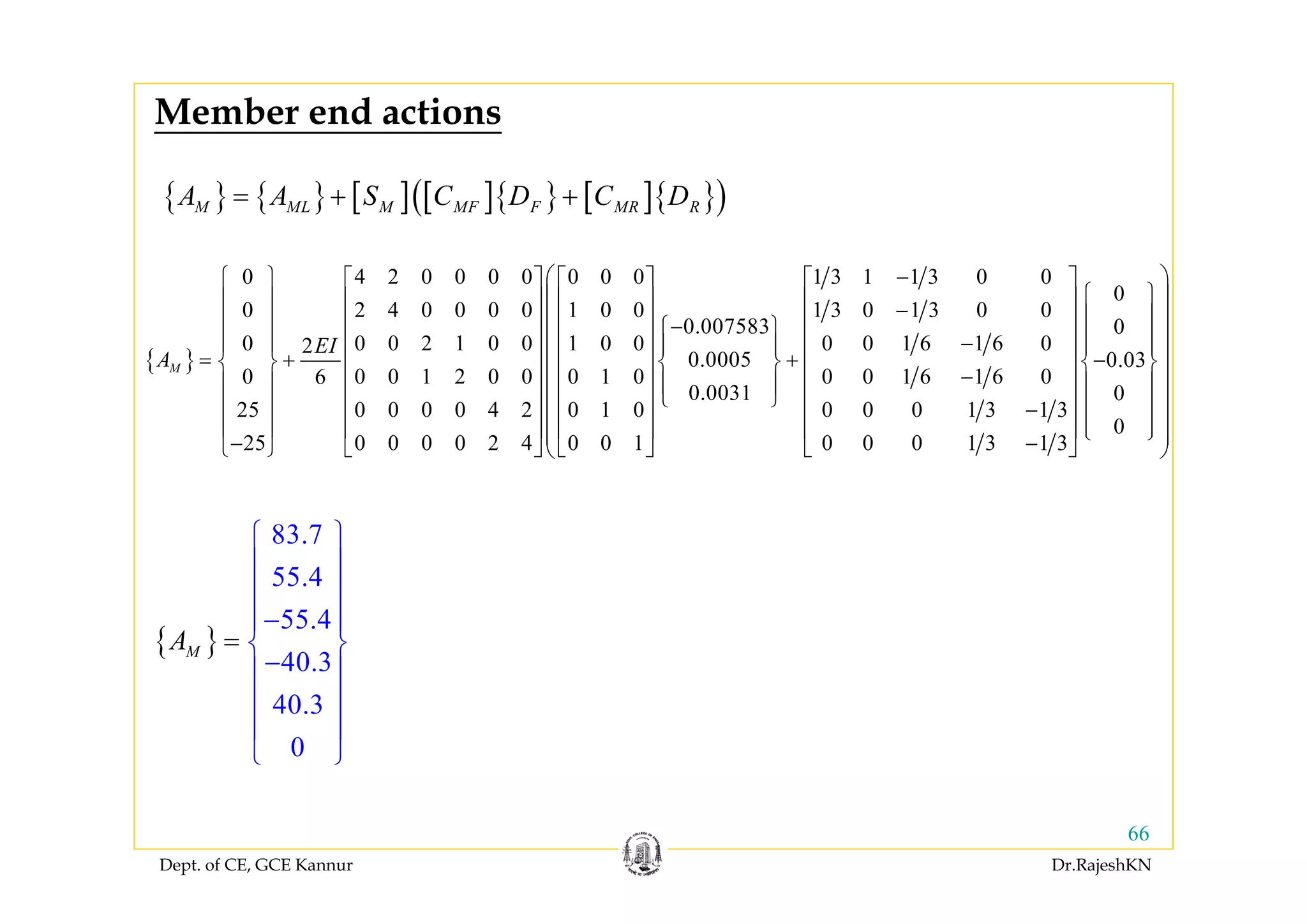 Dept. of CE, GCE Kannur Dr.RajeshKN
66
{ } { } [ ] [ ]{ } [ ]{ }( )M ML M MF F MR RA A S C D C D= + +
{ }
0 4 2 0 0 0 0 0 0 0 1 3 1 1 3 0 0
0 2 4 0 0 0 0 1 0 0 1 3 0 1 3 0 0
0.007583
0 0 0 2 1 0 0 1 0 0 0 0 1 6 1 6 02
0.0005
0 0 0 1 2 0 0 0 1 0 0 0 1 6 1 6 06
0.0031
25 0 0 0 0 4 2 0 1 0 0 0 0 1 3 1 3
25 0 0 0 0 2 4 0 0 1 0 0 0
M
EI
A
−⎧ ⎫ ⎡ ⎤ ⎡ ⎤
⎪ ⎪ ⎢ ⎥ ⎢ ⎥ −
⎪ ⎪ ⎢ ⎥ ⎢ ⎥ −⎧ ⎫
−⎪ ⎪ ⎢ ⎥ ⎢ ⎥ ⎪ ⎪
= + +⎨ ⎬ ⎨ ⎬⎢ ⎥ ⎢ ⎥
−⎪ ⎪ ⎪ ⎪⎢ ⎥ ⎢ ⎥
⎩ ⎭⎪ ⎪ ⎢ ⎥ ⎢ ⎥ −
⎪ ⎪ ⎢ ⎥ ⎢ ⎥
−⎩ ⎭ ⎣ ⎦ ⎣ ⎦
0
0
0.03
0
0
1 3 1 3
⎛ ⎞⎡ ⎤
⎧ ⎫⎜ ⎟⎢ ⎥
⎪ ⎪⎜ ⎟⎢ ⎥
⎪ ⎪⎜ ⎟⎢ ⎥ ⎪ ⎪
−⎜ ⎟⎨ ⎬⎢ ⎥
⎜ ⎟⎪ ⎪⎢ ⎥
⎜ ⎟⎪ ⎪⎢ ⎥
⎜ ⎟⎪ ⎪⎢ ⎥ ⎩ ⎭⎜ ⎟−⎣ ⎦⎝ ⎠
{ }
83.7
55.4
55.4
40.3
40.3
0
MA
⎧ ⎫
⎪ ⎪
⎪ ⎪
−⎪ ⎪
⎨ ⎬
−⎪ ⎪
⎪ ⎪
⎪ ⎪
⎩ ⎭
=
Member end actions
 