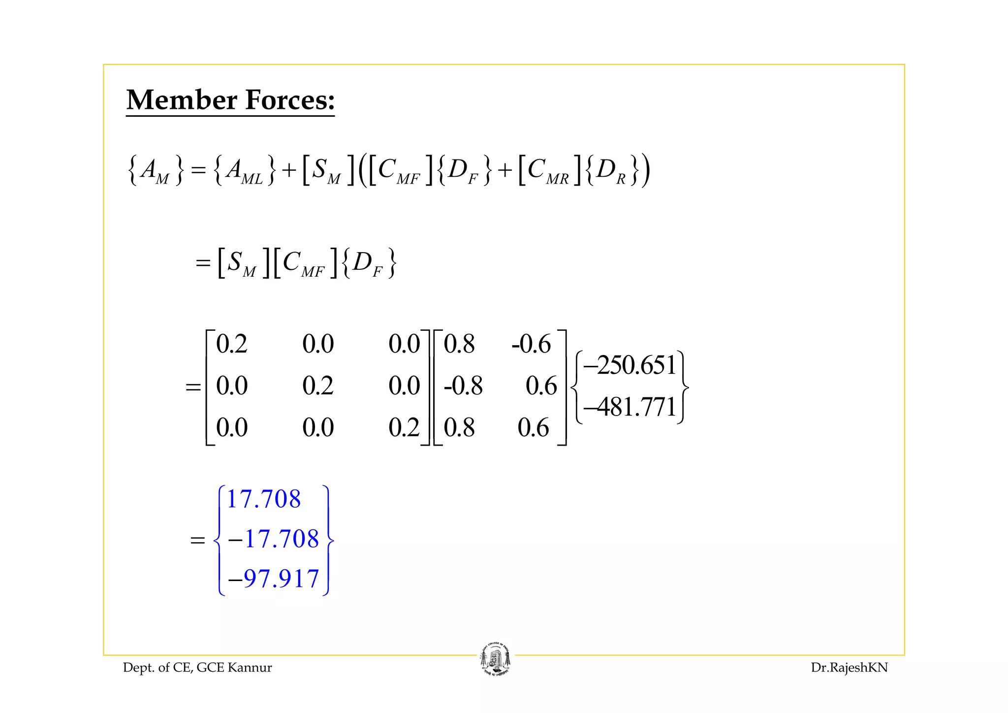 Dept. of CE, GCE Kannur Dr.RajeshKN
0.2 0.0 0.0 0.8 -0.6
250.651
0.0 0.2 0.0 -0.8 0.6
481.771
0.0 0.0 0.2 0.8 0.6
⎡ ⎤⎡ ⎤
−⎧ ⎫⎢ ⎥⎢ ⎥= ⎨ ⎬⎢ ⎥⎢ ⎥ −⎩ ⎭
⎢ ⎥⎢ ⎥⎣ ⎦⎣ ⎦
{ } { } [ ] [ ]{ } [ ]{ }( )M ML M MF F MR RA A S C D C D= + +
[ ][ ]{ }M MF FS C D=
17.708
17.708
97.917
⎧ ⎫
⎪ ⎪
⎨−
⎪
⎩
= ⎬
− ⎪
⎭
Member Forces:
 