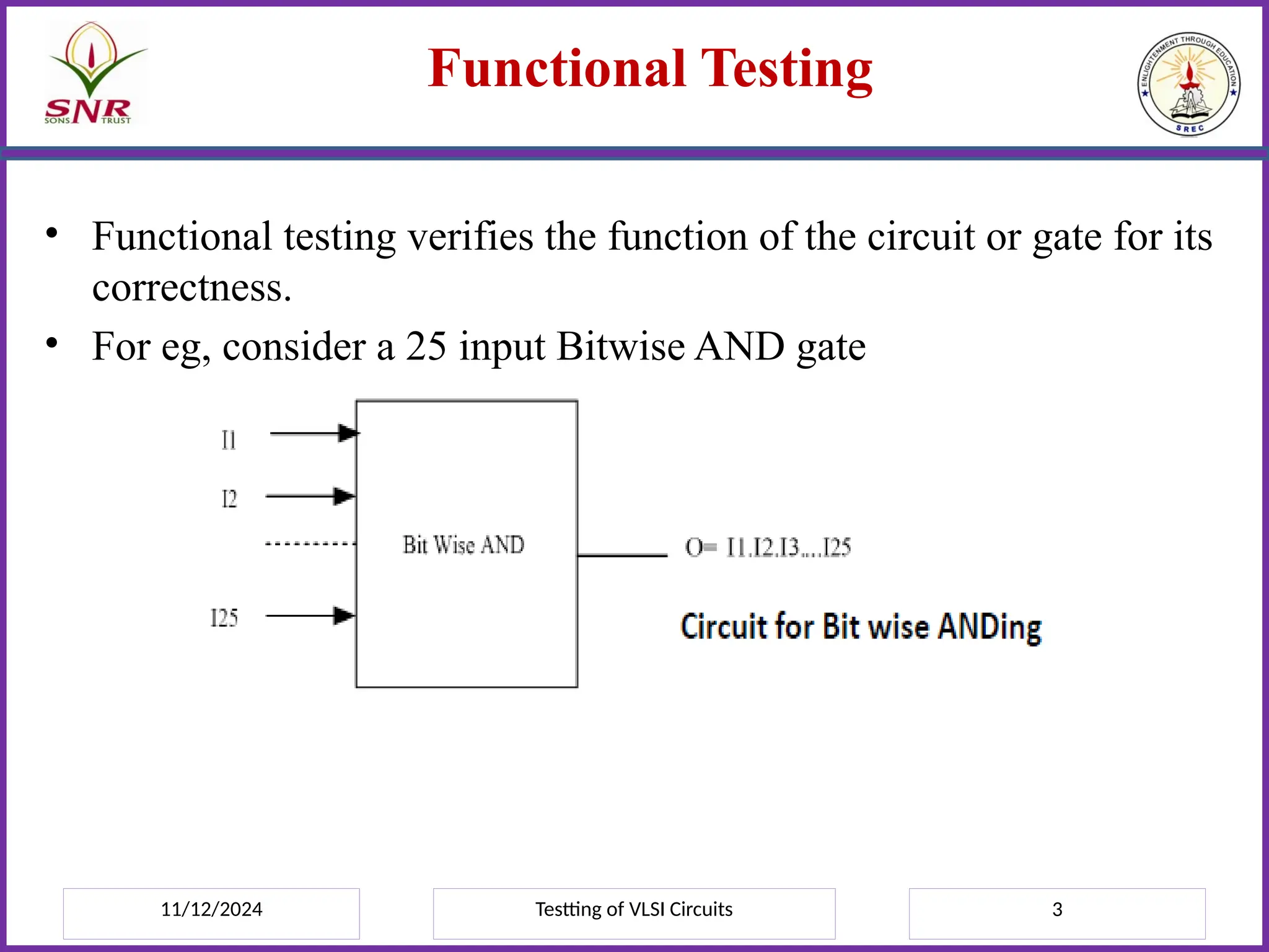 11/12/2024 Testting of VLSI Circuits 3
Functional Testing
• Functional testing verifies the function of the circuit or gate for its
correctness.
• For eg, consider a 25 input Bitwise AND gate
 