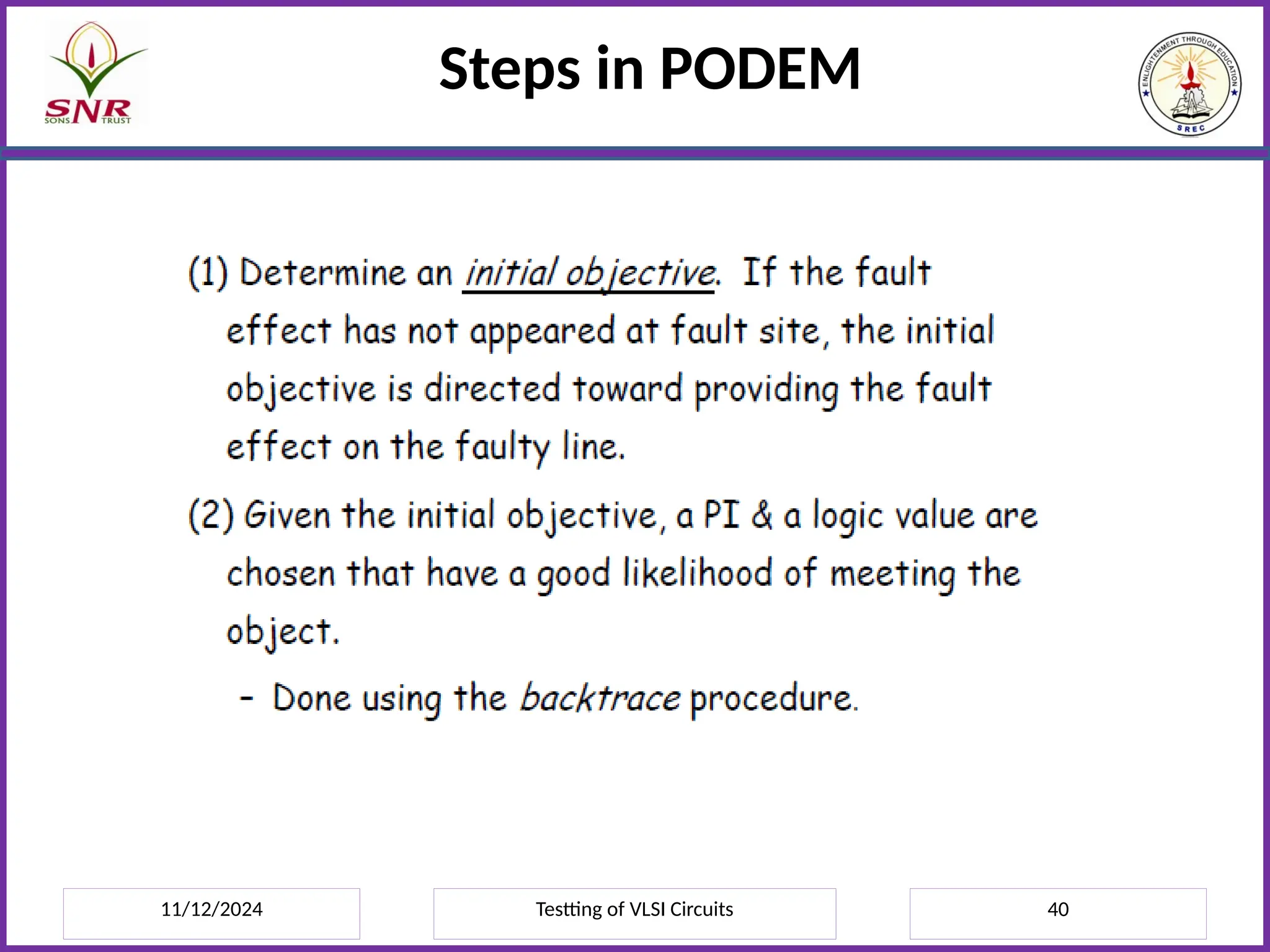 11/12/2024 Testting of VLSI Circuits 40
Steps in PODEM
 