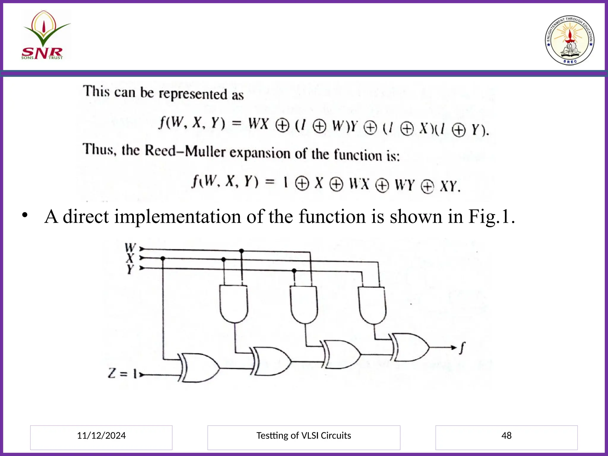 11/12/2024 Testting of VLSI Circuits 48
• A direct implementation of the function is shown in Fig.1.
 
