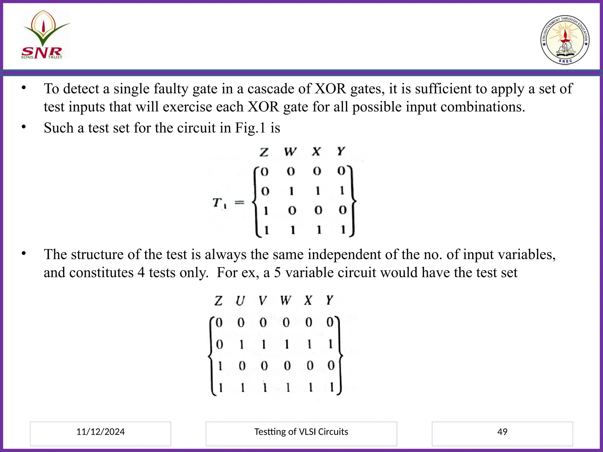 11/12/2024 Testting of VLSI Circuits 49
• To detect a single faulty gate in a cascade of XOR gates, it is sufficient to apply a set of
test inputs that will exercise each XOR gate for all possible input combinations.
• Such a test set for the circuit in Fig.1 is
• The structure of the test is always the same independent of the no. of input variables,
and constitutes 4 tests only. For ex, a 5 variable circuit would have the test set
 