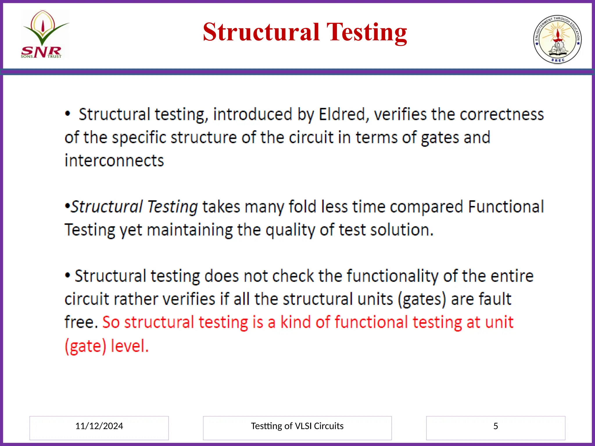 11/12/2024 Testting of VLSI Circuits 5
Structural Testing
 