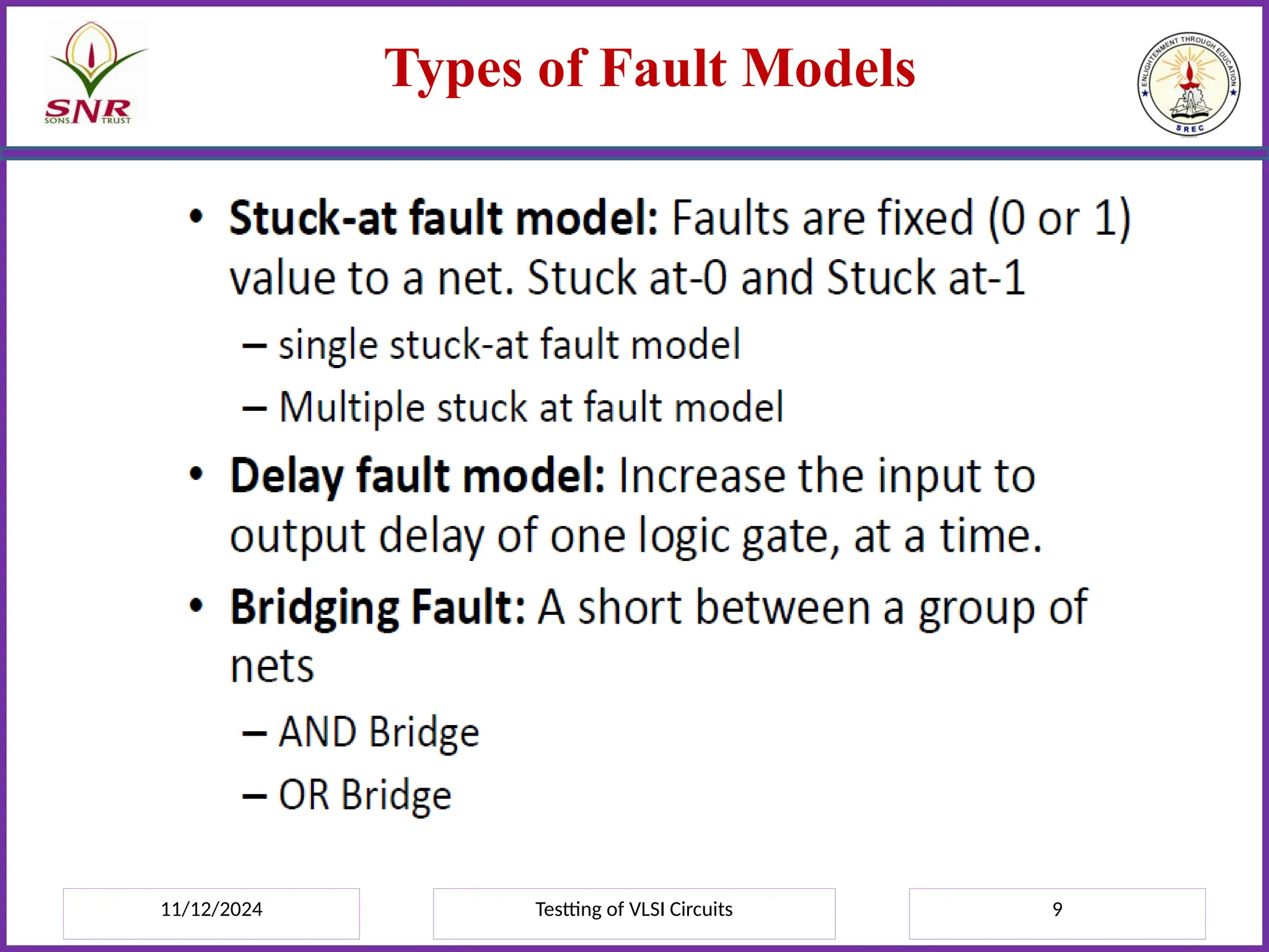 11/12/2024 Testting of VLSI Circuits 9
Types of Fault Models
 