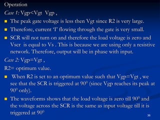 Operation
Case 1: Vgp<Vgt Vgp ,
 The peak gate voltage is less then Vgt since R2 is very large.
 Therefore, current ‘I’ flowing through the gate is very small.
 SCR will not turn on and therefore the load voltage is zero and
Vscr is equal to Vs . This is because we are using only a resistive
network. Therefore, output will be in phase with input.
Case 2: Vgp=Vgt ,
R2= optimum value.
 When R2 is set to an optimum value such that Vgp=Vgt , we
see that the SCR is triggered at 900 (since Vgp reaches its peak at
900 only).
 The waveforms shows that the load voltage is zero till 900 and
the voltage across the SCR is the same as input voltage till it is
triggered at 900
36
 