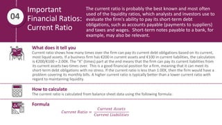 Important
Financial Ratios:
Current Ratio
The current ratio is probably the best known and most often
used of the liquidity ratios, which analysts and investors use to
evaluate the firm's ability to pay its short-term debt
obligations, such as accounts payable (payments to suppliers)
and taxes and wages. Short-term notes payable to a bank, for
example, may also be relevant.
04
What does it tell you
Current ratio shows how many times over the firm can pay its current debt obligations based on its current,
most liquid assets. If a business firm has €200 in current assets and €100 in current liabilities, the calculation
is €200/€100 = 2.00X. The "X" (times) part at the end means that the firm can pay its current liabilities from
its current assets two times over. This is a good financial position for a firm, meaning that it can meet its
short-term debt obligations with no stress. If the current ratio is less than 1.00X, then the firm would have a
problem covering its monthly bills. A higher current ratio is typically better than a lower current ratio with
regard to maintaining liquidity.
How to calculate
The current ratio is calculated from balance sheet data using the following formula:
Formula
𝐶𝑢𝑟𝑟𝑒𝑛𝑡 𝑅𝑎𝑡𝑖𝑜 =
𝐶𝑢𝑟𝑟𝑒𝑛𝑡 𝐴𝑠𝑠𝑒𝑡𝑠
𝐶𝑢𝑟𝑟𝑒𝑛𝑡 𝐿𝑖𝑎𝑏𝑖𝑙𝑖𝑡𝑖𝑒𝑠
 