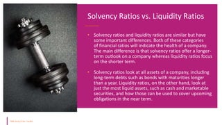 • Solvency ratios and liquidity ratios are similar but have
some important differences. Both of these categories
of financial ratios will indicate the health of a company.
The main difference is that solvency ratios offer a longer-
term outlook on a company whereas liquidity ratios focus
on the shorter term.
• Solvency ratios look at all assets of a company, including
long-term debts such as bonds with maturities longer
than a year. Liquidity ratios, on the other hand, look at
just the most liquid assets, such as cash and marketable
securities, and how those can be used to cover upcoming
obligations in the near term.
Solvency Ratios vs. Liquidity Ratios
 