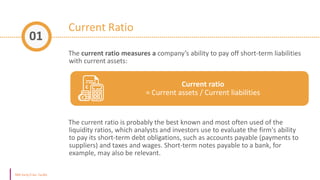 Current Ratio
The current ratio measures a company’s ability to pay off short-term liabilities
with current assets:
The current ratio is probably the best known and most often used of the
liquidity ratios, which analysts and investors use to evaluate the firm's ability
to pay its short-term debt obligations, such as accounts payable (payments to
suppliers) and taxes and wages. Short-term notes payable to a bank, for
example, may also be relevant.
01
Current ratio
= Current assets / Current liabilities
 