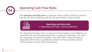 Operating Cash Flow Ratio
The operating cash flow ratio is a measure of the number of times a company
can pay off current liabilities with the cash generated in a given period:
The operating cash flow ratio is a measure of how readily current liabilities are
covered by the cash flows generated from a company's operations. This ratio
can help gauge a company's liquidity in the short term. Using cash flow as
opposed to net income is considered a cleaner or more accurate measure
since earnings are more easily manipulated.
04
Operating cash flow ratio
= Operating cash flow / Current liabilities
 