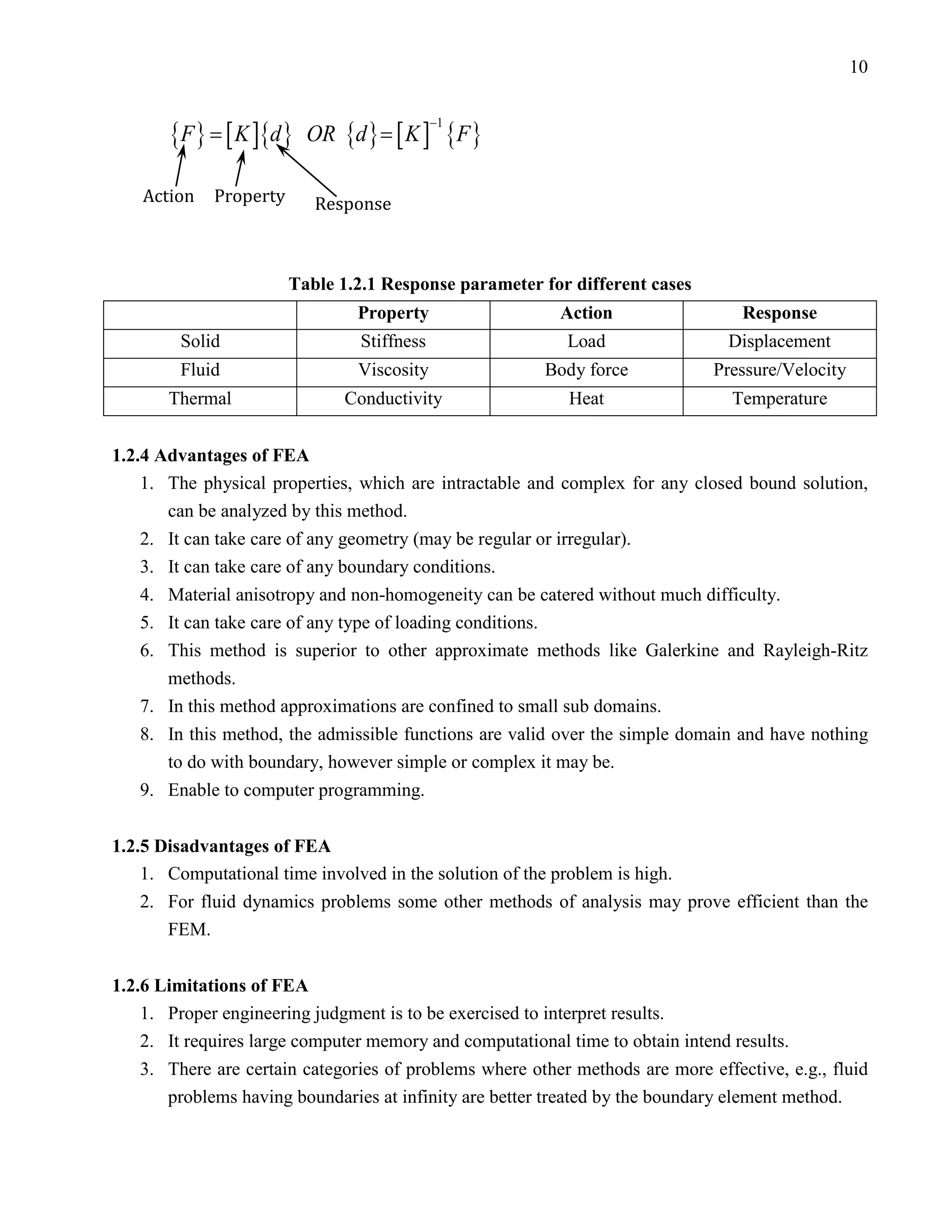 10


 {F }            [ = [ K ] {F }
                   K ]{d } OR {d }
                                   −1
=

     Action   Property      Response



                         Table 1.2.1 Response parameter for different cases
                                 Property                  Action                  Response
         Solid                   Stiffness                  Load                 Displacement
         Fluid                   Viscosity               Body force            Pressure/Velocity
        Thermal                Conductivity                 Heat                  Temperature


 1.2.4 Advantages of FEA
     1. The physical properties, which are intractable and complex for any closed bound solution,
        can be analyzed by this method.
     2. It can take care of any geometry (may be regular or irregular).
     3. It can take care of any boundary conditions.
     4. Material anisotropy and non-homogeneity can be catered without much difficulty.
     5. It can take care of any type of loading conditions.
     6. This method is superior to other approximate methods like Galerkine and Rayleigh-Ritz
        methods.
     7. In this method approximations are confined to small sub domains.
     8. In this method, the admissible functions are valid over the simple domain and have nothing
        to do with boundary, however simple or complex it may be.
     9. Enable to computer programming.


 1.2.5 Disadvantages of FEA
     1. Computational time involved in the solution of the problem is high.
     2. For fluid dynamics problems some other methods of analysis may prove efficient than the
        FEM.


 1.2.6 Limitations of FEA
     1. Proper engineering judgment is to be exercised to interpret results.
     2. It requires large computer memory and computational time to obtain intend results.
     3. There are certain categories of problems where other methods are more effective, e.g., fluid
        problems having boundaries at infinity are better treated by the boundary element method.
 