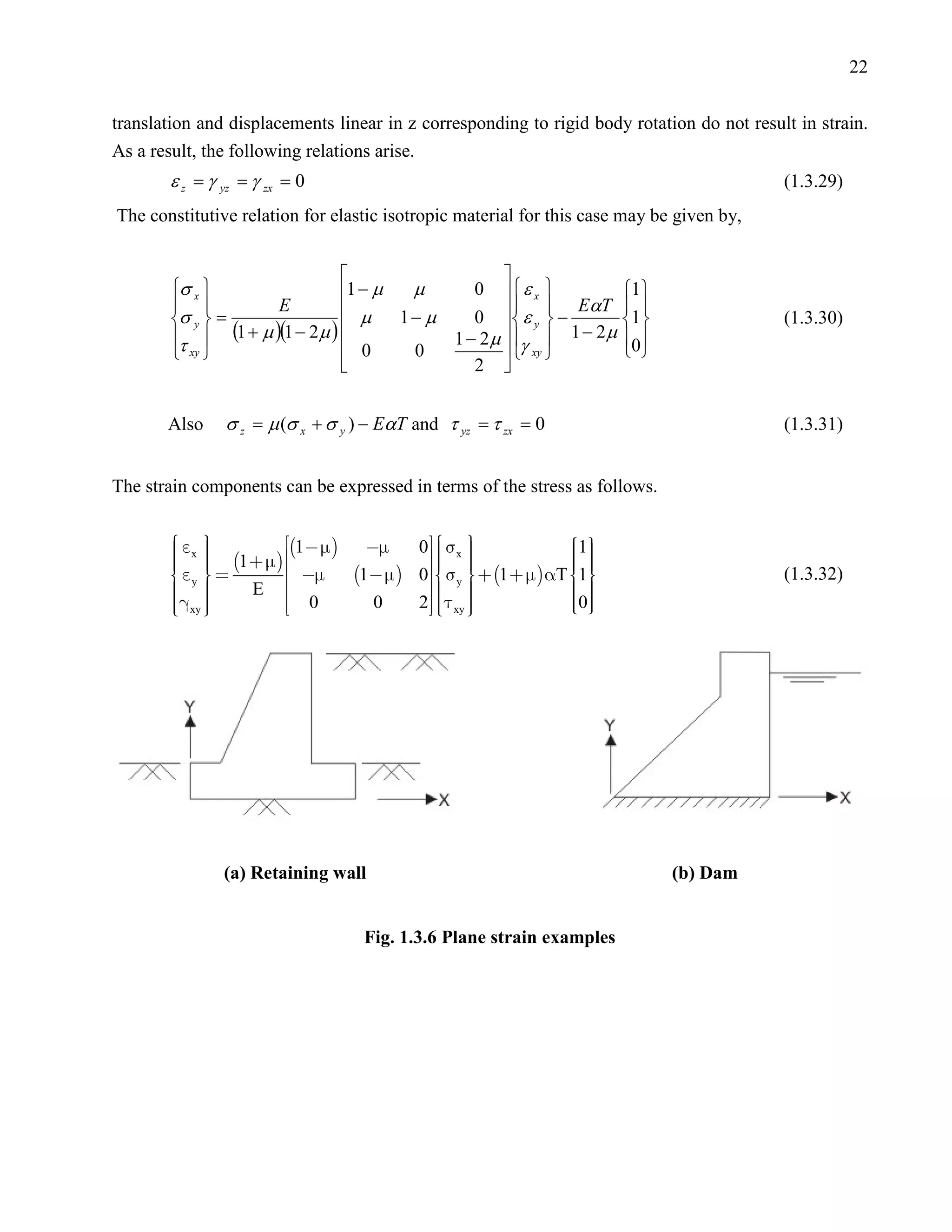 22


translation and displacements linear in z corresponding to rigid body rotation do not result in strain.
As a result, the following relations arise.
       ε z = γ yz = γ zx = 0                                                               (1.3.29)
The constitutive relation for elastic isotropic material for this case may be given by,


                                                     
        σ x                      1 − µ  µ      0  ε x        1
                       E                                EαT  
        σ y  =                    µ    1− µ    0  ε y  −
                                                         1 − 2µ  
                                                                    1                      (1.3.30)
        τ      (1 + µ )(1 − 2µ )            1 − 2µ  γ          0
         xy                       0     0             xy       
                                                 2 


       Also    σ z = µ (σ x + σ y ) − EαT and τ yz = τ zx = 0                              (1.3.31)


The strain components can be expressed in terms of the stress as follows.


        
        
        x 
                     1            
                                    0   x 
                                                           
                                                            1
         1                                        
                                                             
        
                       1  0  y   1   T 1
                                                                                         (1.3.32)
        y
          E                       
                                                           
                                                             
        
        xy 
                    0       0    2  xy 
                                         
                                                           
                                                            0
                                                             




               (a) Retaining wall                                            (b) Dam


                                  Fig. 1.3.6 Plane strain examples
 