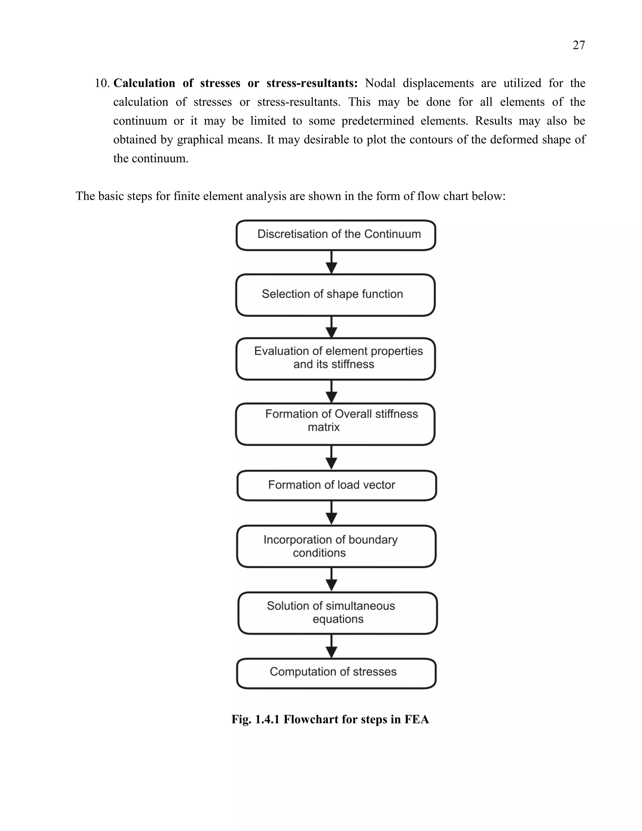 27


   10. Calculation of stresses or stress-resultants: Nodal displacements are utilized for the
       calculation of stresses or stress-resultants. This may be done for all elements of the
       continuum or it may be limited to some predetermined elements. Results may also be
       obtained by graphical means. It may desirable to plot the contours of the deformed shape of
       the continuum.

The basic steps for finite element analysis are shown in the form of flow chart below:




                               Fig. 1.4.1 Flowchart for steps in FEA
 