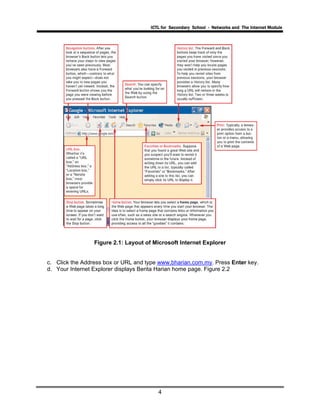 ICTL for Secondary School - Networks and The Internet Module
4
Figure 2.1: Layout of Microsoft Internet Explorer
c. Click the Address box or URL and type www.bharian.com.my. Press Enter key.
d. Your Internet Explorer displays Berita Harian home page. Figure 2.2
 