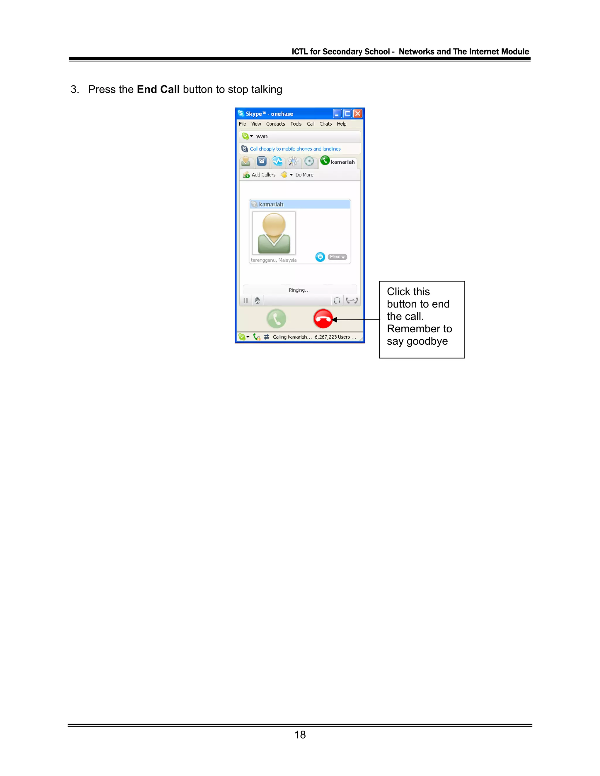ICTL for Secondary School - Networks and The Internet Module
3. Press the End Call button to stop talking
Click this
button to end
the call.
Remember to
say goodbye
18
 