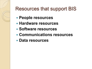 Resources that support BIS
 People resources
 Hardware resources
 Software resources
 Communications resources
 Data resources
 