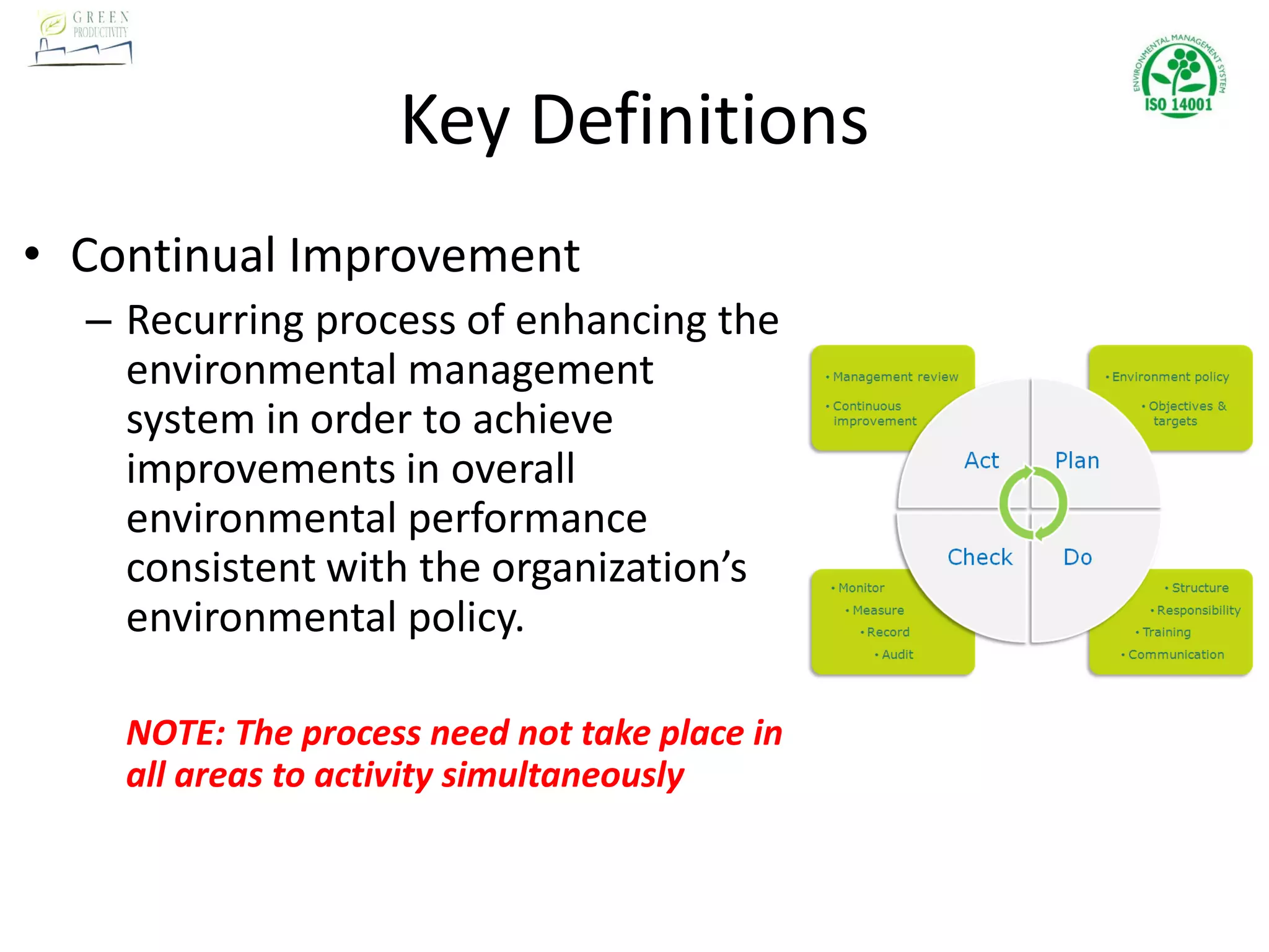 Key Definitions
• Continual Improvement
– Recurring process of enhancing the
environmental management
system in order to achieve
improvements in overall
environmental performance
consistent with the organization’s
environmental policy.
NOTE: The process need not take place in
all areas to activity simultaneously
 