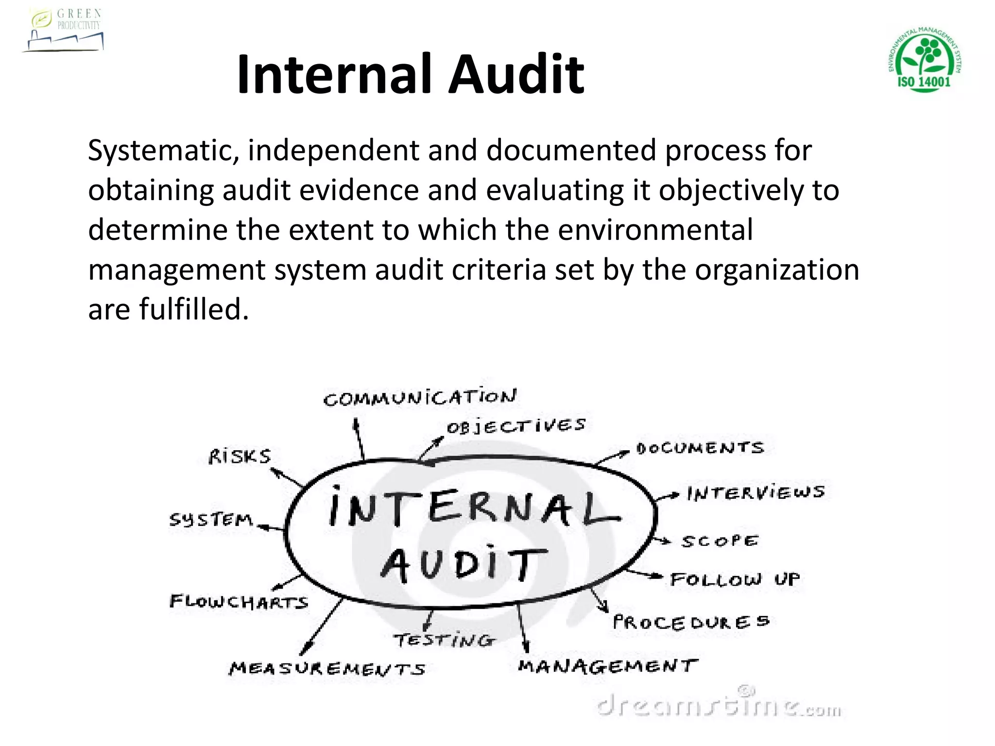 Internal Audit
Systematic, independent and documented process for
obtaining audit evidence and evaluating it objectively to
determine the extent to which the environmental
management system audit criteria set by the organization
are fulfilled.
 