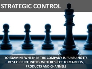 STRATEGIC CONTROL
TO EXAMINE WHETHER THE COMPANY IS PURSUING ITS
BEST OPPURTUNITIES WITH RESPECT TO MARKETS,
PRODUCTS AND CHANNELS