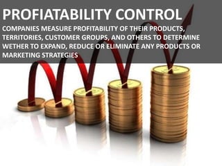 PROFIATABILITY CONTROL
COMPANIES MEASURE PROFITABILITY OF THEIR PRODUCTS,
TERRITORIES, CUSTOMER GROUPS, AND OTHERS TO DETERMINE
WETHER TO EXPAND, REDUCE OR ELIMINATE ANY PRODUCTS OR
MARKETING STRATEGIES
