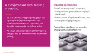  Τα ΣΠΠ μπορούν να χρησιμοποιηθούν για
την ανίχνευση κρίσεων πριν από την
πρόκληση ζημιών και για τη μείωση των
ψευδών συναγερμών για πιθανή κρίση.
 Ας δούμε μερικούς Βασικούς Μηχανισμούς
Ελέγχου που θα αποτελέσουν το θεμέλιο της
γνώσης.
Ο συγχρονισμός είναι ζωτικής
σημασίας
Μηνιαίες αξιολογήσεις
Βασικές επιχειρηματικές ανησυχίες:
Πού βρίσκεται η εταιρεία μου σήμερα
οικονομικά;
Ποιοι είναι οι οδηγοί του κόστους μου;
Πού πήγαν τα χρήματά μου;
Πρώτο βήμα: Αναλύστε τις μηνιαίες
επιχειρηματικές αξιολογήσεις
 