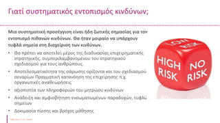Γιατί συστηματικός εντοπισμός κινδύνων;
Δείκτης μετρητών
Ταμειακά διαθέσιμα και ισοδύναμα μετρητών /
Βραχυπρόθεσμες υποχρεώσεις
Μια συστηματική προσέγγιση είναι ήδη ζωτικής σημασίας για τον
εντοπισμό πιθανών κινδύνων. Θα ήταν μοιραίο να υπάρχουν
τυφλά σημεία στη διαχείριση των κινδύνων.
• Θα πρέπει να αποτελεί μέρος της διαδικασίας επιχειρηματικής
στρατηγικής, συμπεριλαμβανομένου του στρατηγικού
σχεδιασμού για τους ανθρώπους.
• Αποτελεσματικότητα της σάρωσης ορίζοντα και του σχεδιασμού
σεναρίων Πραγματική κατανόηση της επιχείρησης π.χ.
οργανωτικές αναθεωρήσεις
• αξιοπιστία των πληροφοριών του μητρώου κινδύνων
• Ανάδειξη και αμφισβήτηση ενσωματωμένων παραδοχών, τυφλών
σημείων
• Δοκιμασία πίεσης και βρόχος μάθησης
 