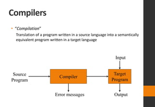 Compilers
• “Compilation”
Translation of a program written in a source language into a semantically
equivalent program written in a target language
Compiler
Error messages
Source
Program
Target
Program
Input
Output
 