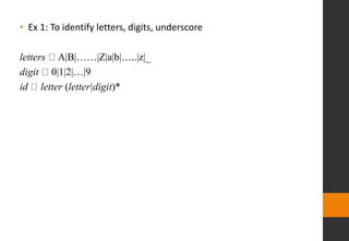 • Ex 1: To identify letters, digits, underscore
letters A|B|……|Z|a|b|…..|z|_
digit 0|1|2|…|9
id letter (letter|digit)*
 