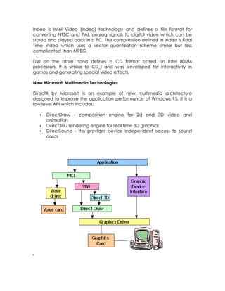 Indeo is Intel Video (Indeo) technology and defines a file format for
converting NTSC and PAL analog signals to digital video which can be
stored and played back in a PC. The compression defined in Indeo is Real
Time Video which uses a vector quantization scheme similar but less
complicated than MPEG.
DVI on the other hand defines a CD format based on Intel 80x86
processors. It is similar to CD_I and was developed for interactivity in
games and generating special video effects.
New Microsoft Multimedia Technologies
DirectX by Microsoft is an example of new multimedia architecture
designed to improve the application performance of Windows 95. It is a
low level API which includes:
•
•
•

DirectDraw - composition engine for 2d and 3D video and
animation
Direct3D - rendering engine for real time 3D graphics
DirectSound - this provides device independent access to sound
cards

 
