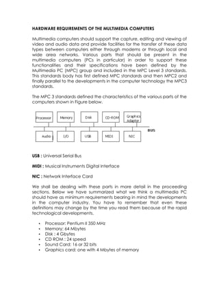 HARDWARE REQUIREMENTS OF THE MULTIMEDIA COMPUTERS
Multimedia computers should support the capture, editing and viewing of
video and audio data and provide facilities for the transfer of these data
types between computers either through modems or through local and
wide area networks. Various parts that should be present in the
multimedia computers (PCs in particular) in order to support these
functionalities and their specifications have been defined by the
Multimedia PC (MPC) group and included in the MPC Level 3 standards.
This standards body has first defined MPC standards and then MPC2 and
finally parallel to the developments in the computer technology the MPC3
standards.
The MPC 3 standards defined the characteristics of the various parts of the
computers shown in Figure below.

USB : Universal Serial Bus
MIDI : Musical Instruments Digital Interface
NIC : Network Interface Card
We shall be dealing with these parts in more detail in the proceeding
sections. Below we have summarized what we think a multimedia PC
should have as minimum requirements bearing in mind the developments
in the computer industry. You have to remember that even these
definitions may change by the time you read them because of the rapid
technological developments.
•
•
•
•
•
•

Processor: Pentium II 350 MHz
Memory: 64 Mbytes
Disk : 4 Gbytes
CD ROM : 24 speed
Sound Card: 16 or 32 bits
Graphics card: one with 4 Mbytes of memory

 