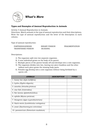 8
What’s More
Types and Examples of Asexual Reproduction in Animals
Activity 5 Asexual Reproduction in Animals
Directions. Match animals to the type of asexual reproduction and their descriptions.
Write the type of asexual reproduction and the letter of the description in each
column.
Type of asexual reproduction:
PARTHENOGENESIS BINARY FISSION FRAGMENTATION
TRANSVERSE FISSION BUDDING
Descriptions:
A. The organism split into two separate organism.
B. A new individual grows on the body of its parent.
C. Multiple pieces of the parent breaks off and develops into a new organism.
D. The organism divides into two, leaving one piece headless and the other
tailless each piece grows the missing body parts.
E. Females egg develop into a new organism without being fertilized by a
sperm cell.
ANIMALS DESCRIPTION TYPES
1. honey bee (Apis mellifera)
2. hydra (Hydra oligactis)
3. amoeba (Amoeba proteus)
4. star fish (Asteroidea)
5. flat worms ((plathelminthes)
6. aphids (Myzus persicae)
7. bluegreen algae (cyanobacterium)
8. black worm (Lumbriculus variegatus)
9. yeast (Saccharomyces cerevisiae)
10. paramecium (Pamecium caudatum)
 