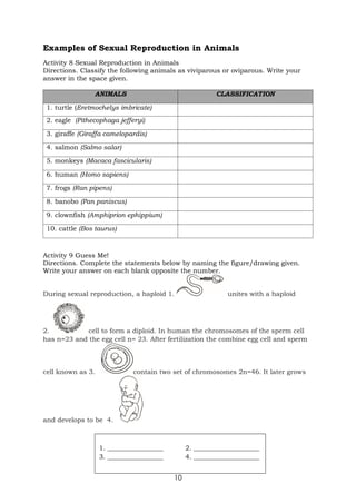 10
Examples of Sexual Reproduction in Animals
Activity 8 Sexual Reproduction in Animals
Directions. Classify the following animals as viviparous or oviparous. Write your
answer in the space given.
ANIMALS CLASSIFICATION
1. turtle (Eretmochelys imbricate)
2. eagle (Pithecophaga jefferyi)
3. giraffe (Giraffa camelopardis)
4. salmon (Salmo salar)
5. monkeys (Macaca fascicularis)
6. human (Homo sapiens)
7. frogs (Ran pipens)
8. banobo (Pan paniscus)
9. clownfish (Amphiprion ephippium)
10. cattle (Bos taurus)
Activity 9 Guess Me!
Directions. Complete the statements below by naming the figure/drawing given.
Write your answer on each blank opposite the number.
During sexual reproduction, a haploid 1. unites with a haploid
2. cell to form a diploid. In human the chromosomes of the sperm cell
has n=23 and the egg cell n= 23. After fertilization the combine egg cell and sperm
cell known as 3. contain two set of chromosomes 2n=46. It later grows
and develops to be 4.
1. _________________ 2. ____________________
3. _________________ 4. ____________________
 