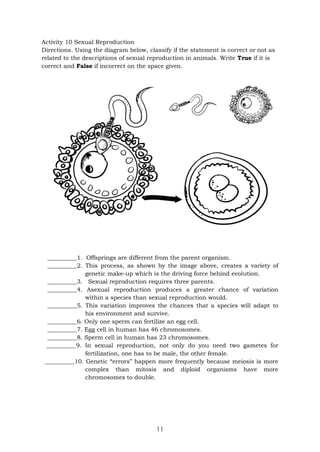 11
Activity 10 Sexual Reproduction
Directions. Using the diagram below, classify if the statement is correct or not as
related to the descriptions of sexual reproduction in animals. Write True if it is
correct and False if incorrect on the space given.
__________1. Offsprings are different from the parent organism.
__________2. This process, as shown by the image above, creates a variety of
genetic make-up which is the driving force behind evolution.
__________3. Sexual reproduction requires three parents.
__________4. Asexual reproduction produces a greater chance of variation
within a species than sexual reproduction would.
__________5. This variation improves the chances that a species will adapt to
his environment and survive.
__________6. Only one sperm can fertilize an egg cell.
__________7. Egg cell in human has 46 chromosomes.
__________8. Sperm cell in human has 23 chromosomes.
__________9. In sexual reproduction, not only do you need two gametes for
fertilization, one has to be male, the other female.
__________10. Genetic “errors” happen more frequently because meiosis is more
complex than mitosis and diploid organisms have more
chromosomes to double.
 