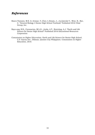19
References
Basco-Tiamzon, M.E. Z, Avissar, Y.,Choi J.,Desaix, J., Jurukovski V., Wise, R., Rye,
C. “General Biology 2 Senior High School Textbook” Published 2016 Vibal
Group, Inc.
Bayo-ang, R.B., Coronacion, M.L.G., Jorda, A.T., Restubog, A.J. “Earth and Life
Science for Senior High School” Published 2016 Educational Resources
Corporation
Commission on Higher Educvation. Earth and Life Science for Senior High School.
C.P. Garcia Ave., Diliman, Quezon City Philippines. Commission on Higher
Education, 2016
 