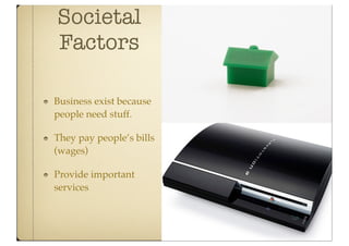 Societal
Factors

Business exist because
people need stuff.

They pay people’s bills
(wages)

Provide important
services
 