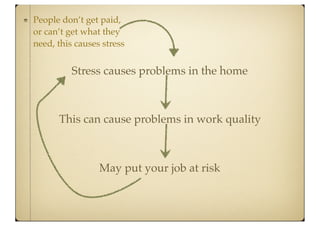 People don’t get paid,
or can’t get what they
need, this causes stress


          Stress causes problems in the home



      This can cause problems in work quality



                 May put your job at risk
 