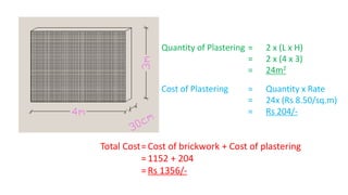Quantity of Plastering = 2 x (L x H)
= 2 x (4 x 3)
= 24m2
Cost of Plastering = Quantity x Rate
= 24x (Rs 8.50/sq.m)
= Rs 204/-
Total Cost=Cost of brickwork + Cost of plastering
=1152 + 204
=Rs 1356/-
 