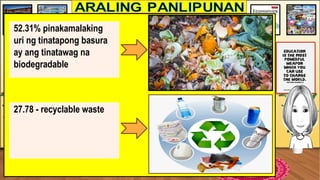 52.31% pinakamalaking
uri ng tinatapong basura
ay ang tinatawag na
biodegradable
27.78 - recyclable waste
 