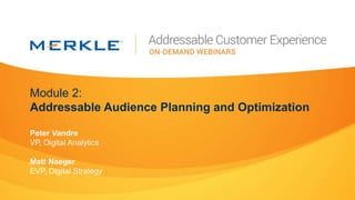 Module 2:
Addressable Audience Planning and Optimization
Peter Vandre
VP, Digital Analytics
Matt Naeger
EVP, Digital Strategy
 
