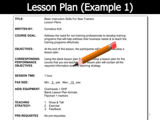 ckby/BasicTTT/18Jul08/Rev6 8
Lesson plan example (part 1)
TITLE: Basic Instruction Skills For New Trainers
Lesson Plans
WRITTEN BY: Cornelius Koh
COURSE GOAL: Address the need for non-training professionals to develop training
programs that will help address their business needs & to teach the
training programs effectively
OBJECTIVES:
CORRESPONDING
PERFORMANCE
OBJECTIVES
At the end of this lesson, the participants will be able to develop a
lesson plan.
Using the blank lesson plan formats, develop a lesson plan for the
course that you are teaching. The lesson plan will contain all the
required information and the teaching strategy
SESSION TIME: 1 hour
PAX SIZE: Min: _5_ pax Max: _15_ pax
AIDS/ EQUIPMENT: Overheads + OHP
Blank Lesson Plan formats
Flipchart + markers
TEACHING
STRATEGY:
1. Show & Tell
2. Exercise
3. Feedback
PRE-REQUISITES No pre-requisites
 