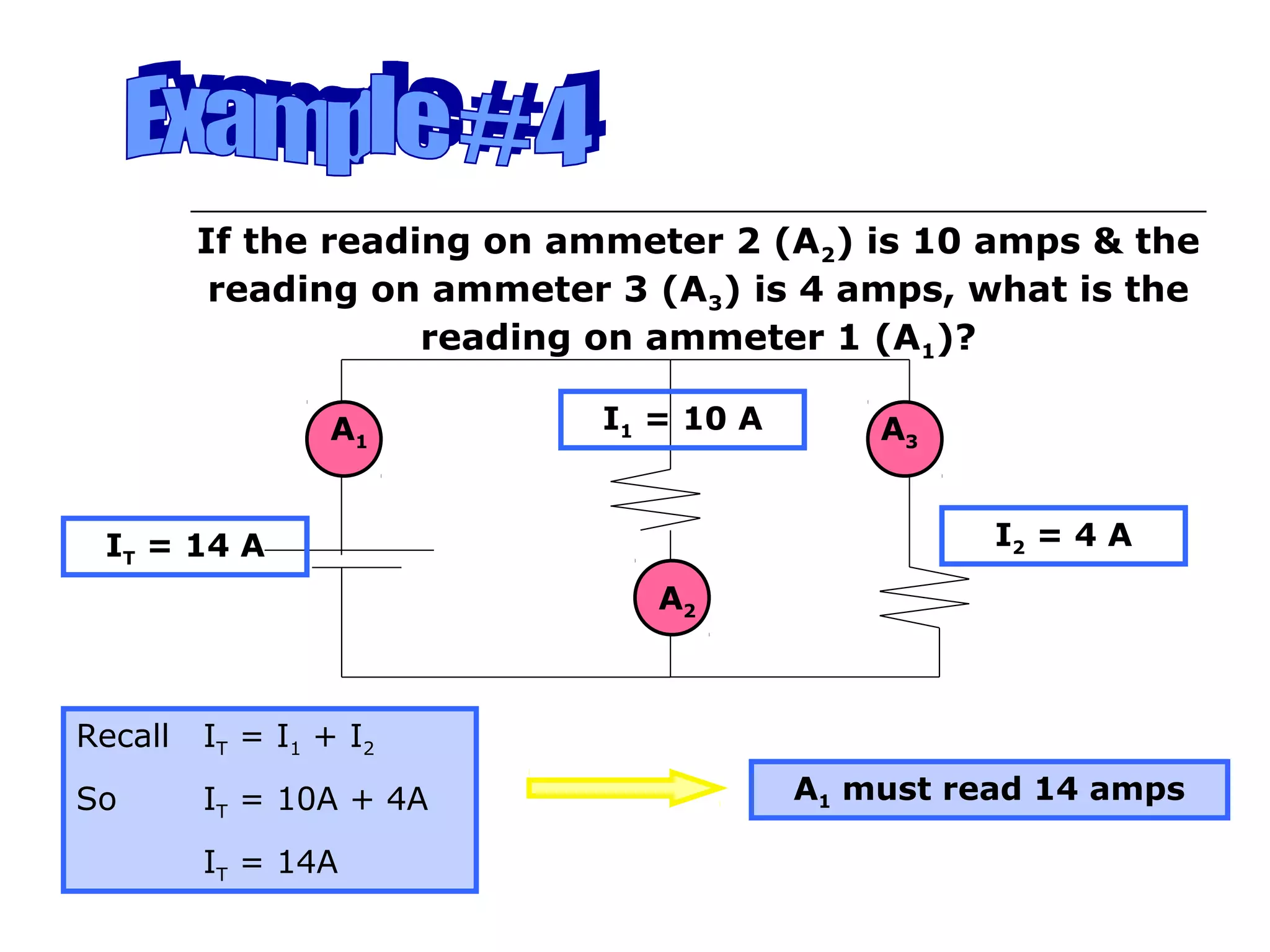 If the reading on ammeter 2 (A2) is 10 amps & the
          reading on ammeter 3 (A3) is 4 amps, what is the
                     reading on ammeter 1 (A1)?

                 A1         I1 = 10 A       A3


 IT = 14 A                                        I2 = 4 A

                               A2



Recall   IT = I1 + I2
So       IT = 10A + 4A                  A1 must read 14 amps

         IT = 14A
 