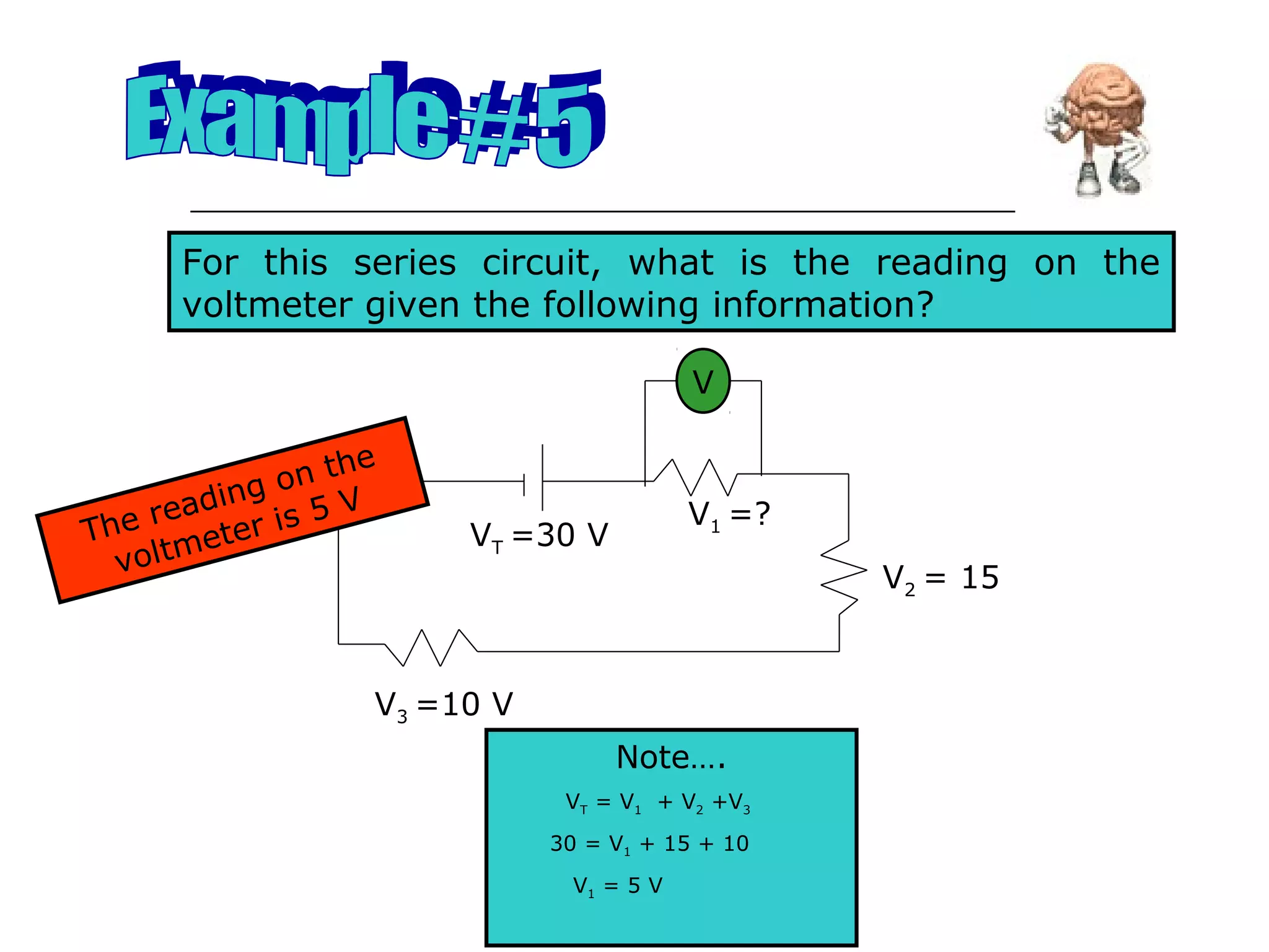 For this series circuit, what is the reading on the
      voltmeter given the following information?

                                           V

                   he
           ng on t
   er eadi    is 5
                   V                       V1 =?
Th       ter             VT =30 V
  voltme
                                                   V2 = 15



                    V3 =10 V
                                    Note….
                                VT = V1 + V2 +V3
                               30 = V1 + 15 + 10
                                V1 = 5 V
 