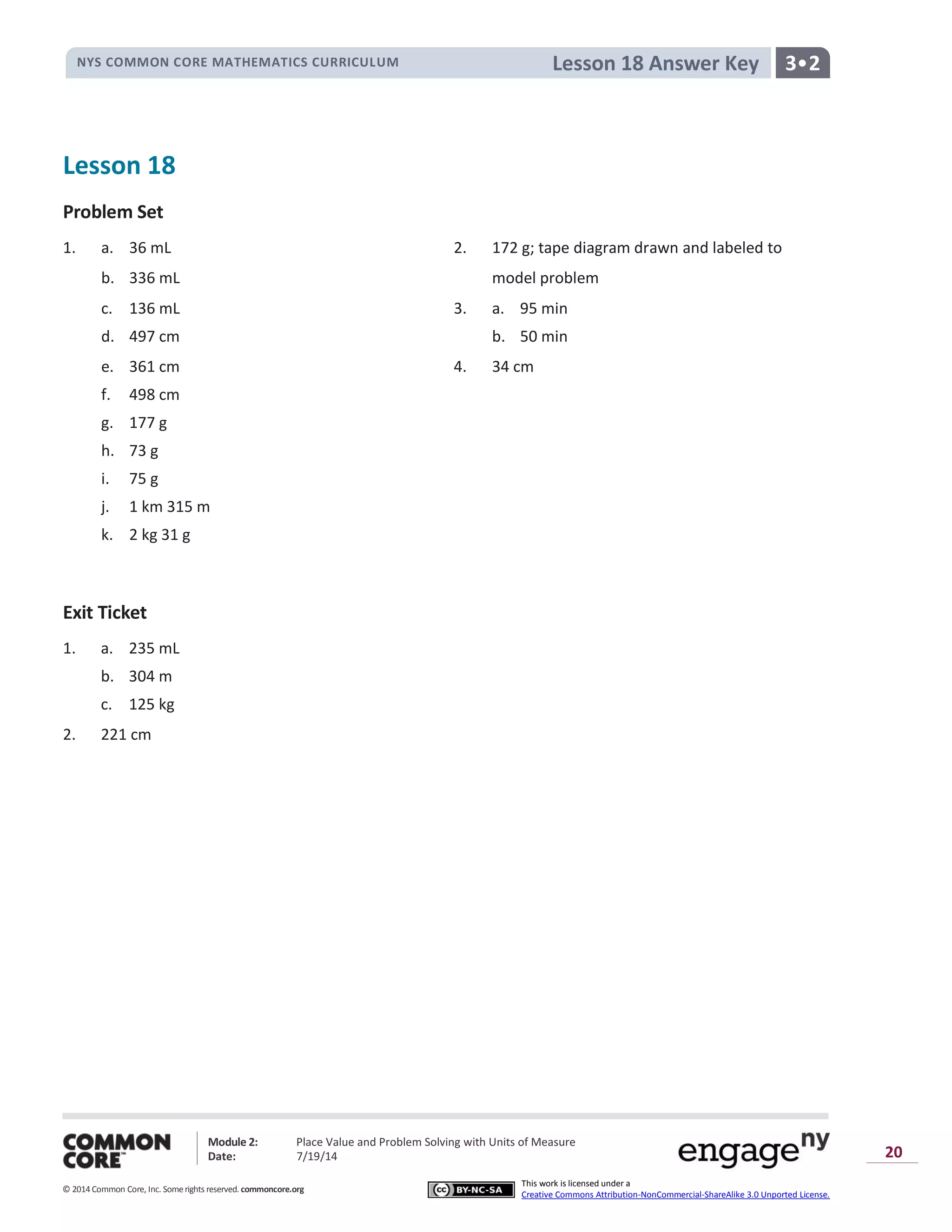 NYS COMMON CORE MATHEMATICS CURRICULUM 3•2Lesson 18 Answer Key
Module 2: Place Value and Problem Solving with Units of Measure
Date: 7/19/14
© 2014 Common Core, Inc. Somerights reserved. commoncore.org
This work is licensed under a
Creative Commons Attribution-NonCommercial-ShareAlike 3.0 Unported License.
20
Lesson 18
Problem Set
1. a. 36 mL 2. 172 g; tape diagram drawn and labeled to
b. 336 mL model problem
c. 136 mL 3. a. 95 min
d. 497 cm b. 50 min
e. 361 cm 4. 34 cm
f. 498 cm
g. 177 g
h. 73 g
i. 75 g
j. 1 km 315 m
k. 2 kg 31 g
Exit Ticket
1. a. 235 mL
b. 304 m
c. 125 kg
2. 221 cm
 
