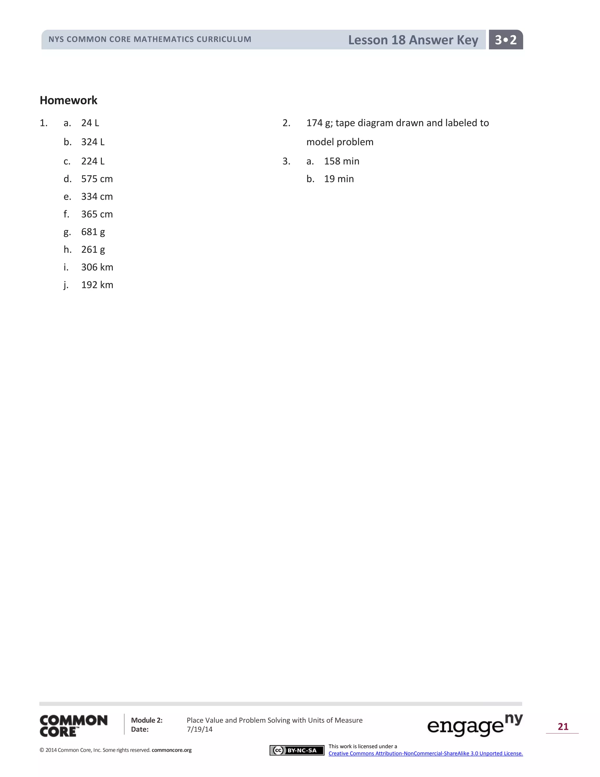 NYS COMMON CORE MATHEMATICS CURRICULUM 3•2Lesson 18 Answer Key
Module 2: Place Value and Problem Solving with Units of Measure
Date: 7/19/14
© 2014 Common Core, Inc. Somerights reserved. commoncore.org
This work is licensed under a
Creative Commons Attribution-NonCommercial-ShareAlike 3.0 Unported License.
21
Homework
1. a. 24 L 2. 174 g; tape diagram drawn and labeled to
b. 324 L model problem
c. 224 L 3. a. 158 min
d. 575 cm b. 19 min
e. 334 cm
f. 365 cm
g. 681 g
h. 261 g
i. 306 km
j. 192 km
 