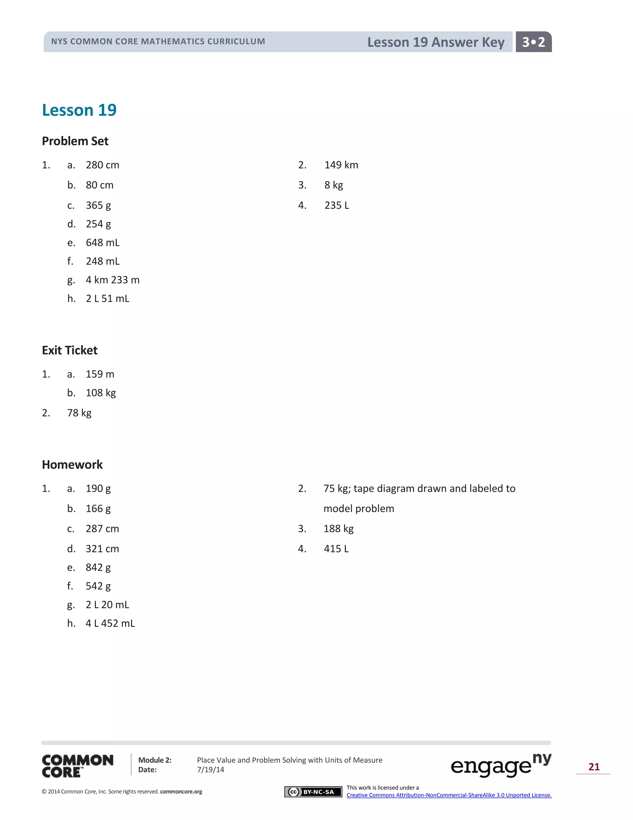 NYS COMMON CORE MATHEMATICS CURRICULUM
Module 2: Place Value and Problem Solving with Units of Measure
Date: 7/19/14
© 2014 Common Core, Inc. Somerights reserved. commoncore.org
3•2
This work is licensed under a
Creative Commons Attribution-NonCommercial-ShareAlike 3.0 Unported License.
21
Lesson 19 Answer Key
Lesson 19
Problem Set
1. a. 280 cm 2. 149 km
b. 80 cm 3. 8 kg
c. 365 g 4. 235 L
d. 254 g
e. 648 mL
f. 248 mL
g. 4 km 233 m
h. 2 L 51 mL
Exit Ticket
1. a. 159 m
b. 108 kg
2. 78 kg
Homework
1. a. 190 g 2. 75 kg; tape diagram drawn and labeled to
b. 166 g model problem
c. 287 cm 3. 188 kg
d. 321 cm 4. 415 L
e. 842 g
f. 542 g
g. 2 L 20 mL
h. 4 L 452 mL
 