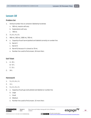 NYS COMMON CORE MATHEMATICS CURRICULUM 3•2Lesson 10 Answer Key
Module 2: Place Value and Problem Solving with Units of Measure
Date: 7/19/14
© 2014 Common Core, Inc. Somerights reserved. commoncore.org
This work is licensed under a
Creative Commons Attribution-NonCommercial-ShareAlike 3.0 Unported License.
10
Lesson 10
Problem Set
1. Vertical number line on container labeled by hundreds
a. 500 mL; reasons will vary.
b. Explanations will vary.
c. 700 mL
2. 3 L; 6 L; 4 L; 0 L
3. 400 mL; 200 mL; 1000 mL; 700 mL
4. a. Capacity of each barrel plotted and labeled correctly on number line
b. Barrel C
c. Barrel D
d. Barrel B; because it is closest to 70 mL
e. Number line used to find answer; 28 more liters
Exit Ticket
1. A: 45 L
B: 57 L
C: 21 L
2. 24 L
Homework
1. 5 L; 2 L; 6 L; 1 L
2. 11 L
3. 5 L; 2 L; 4 L; 2 L
4. a. Capacity of each gas tank plotted and labeled on number line
b. Large
c. Small
d. Medium
e. Number line used to find answer; 32 more liters
 