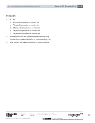 NYS COMMON CORE MATHEMATICS CURRICULUM 3•2Lesson 13 Answer Key
Module 2: Place Value and Problem Solving with Units of Measure
Date: 7/19/14
© 2014 Common Core, Inc. Somerights reserved. commoncore.org
This work is licensed under a
Creative Commons Attribution-NonCommercial-ShareAlike 3.0 Unported License.
14
Homework
1. a. 40
b. 50; rounding modeled on number line
c. 70; rounding modeled on number line
d. 170; rounding modeled on number line
e. 190; rounding modeled on number line
f. 190; rounding modeled on number line
2. Number line drawn and labeled to model rounding; 50 g
Number line is drawn and labeled to model rounding; 670 g
3. 60 g; number line drawn and labeled to model rounding
 