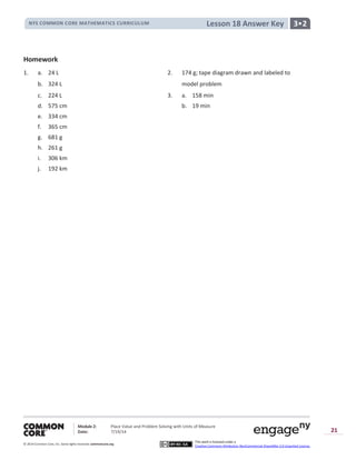 NYS COMMON CORE MATHEMATICS CURRICULUM 3•2Lesson 18 Answer Key
Module 2: Place Value and Problem Solving with Units of Measure
Date: 7/19/14
© 2014 Common Core, Inc. Somerights reserved. commoncore.org
This work is licensed under a
Creative Commons Attribution-NonCommercial-ShareAlike 3.0 Unported License.
21
Homework
1. a. 24 L 2. 174 g; tape diagram drawn and labeled to
b. 324 L model problem
c. 224 L 3. a. 158 min
d. 575 cm b. 19 min
e. 334 cm
f. 365 cm
g. 681 g
h. 261 g
i. 306 km
j. 192 km
 