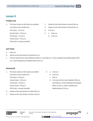 NYS COMMON CORE MATHEMATICS CURRICULUM 3•2Lesson 3 Answer Key
Module 2: Place Value and Problem Solving with Units of Measure
Date: 7/19/14
© 2014 Common Core, Inc. Somerights reserved. commoncore.org
This work is licensed under a
Creative Commons Attribution-NonCommercial-ShareAlike 3.0 Unported License.
3
Lesson 3
Problem Set
1. The times shown on the clocks are plotted 2. Hands on the clock drawn to show 6:48 a.m.
correctly on the number line. 3. Hands on the clock drawn to show 8:23 a.m.
First clock—7:17 p.m. 4. 5:27 p.m.
Second clock—7:03 p.m. 5. a. 3:56 p.m.
Third clock—7:55 p.m. b. 3:45 p.m.
Fourth clock—7:41 p.m.
Fifth clock—answer provided
Exit Ticket
a. 8:03 a.m.
b. Hands on the clock drawn to show 8:23 a.m.
c. The first and last tick marks labeled as 8:00 a.m. and 9:00 a.m.; Point A plotted and labeled above 8:03
a.m.; Point B plotted and labeled above 8:23 a.m.
Homework
1. The times shown on the clocks are plotted 4. a. 2:32 p.m.
correctly on the number line. b. 2:55 p.m.
First clock—4:34 p.m. c. 55 p.m.
Second clock—4:01 p.m. d. First and last tick marks labeled 2:00 p.m.
Third clock—4:16 p.m. and 3:00 p.m.; Point B plotted and labeled
Fourth clock—4:53 p.m. above 2:32 p.m.; Point F plotted and
Fifth clock—answer provided labeled above 2:55 p.m.
2. Hands on the clock drawn to show 6:07 p.m.
3. Hands on the clock drawn to show 1:32 p.m.
 