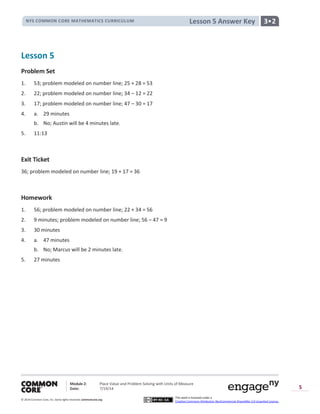 NYS COMMON CORE MATHEMATICS CURRICULUM 3•2Lesson 5 Answer Key
Module 2: Place Value and Problem Solving with Units of Measure
Date: 7/19/14
© 2014 Common Core, Inc. Somerights reserved. commoncore.org
This work is licensed under a
Creative Commons Attribution-NonCommercial-ShareAlike 3.0 Unported License.
5
Lesson 5
Problem Set
1. 53; problem modeled on number line; 25 + 28 = 53
2. 22; problem modeled on number line; 34 – 12 = 22
3. 17; problem modeled on number line; 47 – 30 = 17
4. a. 29 minutes
b. No; Austin will be 4 minutes late.
5. 11:13
Exit Ticket
36; problem modeled on number line; 19 + 17 = 36
Homework
1. 56; problem modeled on number line; 22 + 34 = 56
2. 9 minutes; problem modeled on number line; 56 – 47 = 9
3. 30 minutes
4. a. 47 minutes
b. No; Marcus will be 2 minutes late.
5. 27 minutes
 