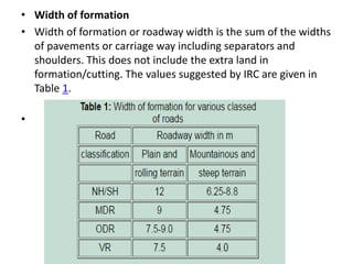 • Width of formation
• Width of formation or roadway width is the sum of the widths
of pavements or carriage way including separators and
shoulders. This does not include the extra land in
formation/cutting. The values suggested by IRC are given in
Table 1.
•
 